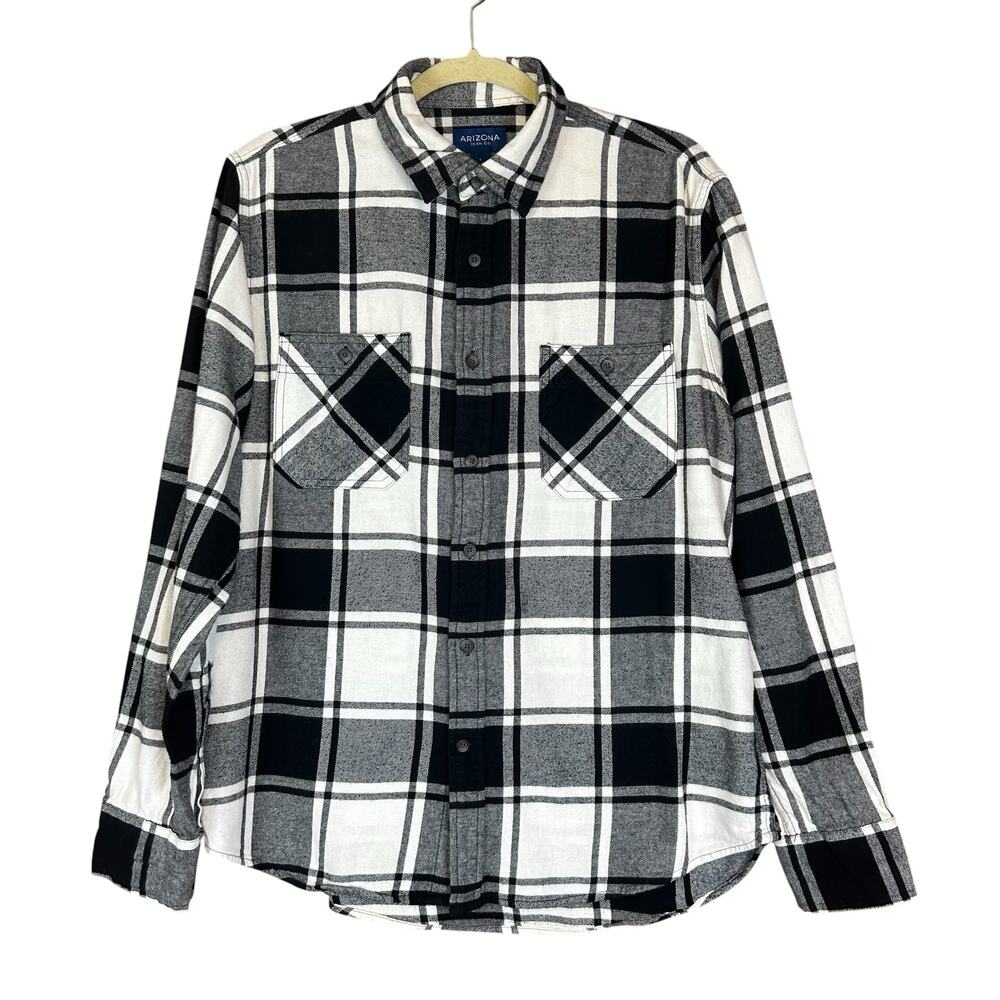 Arizona Jean Co Men Flannel Shirt Size L Black White Gray Plaid Casual Button Up